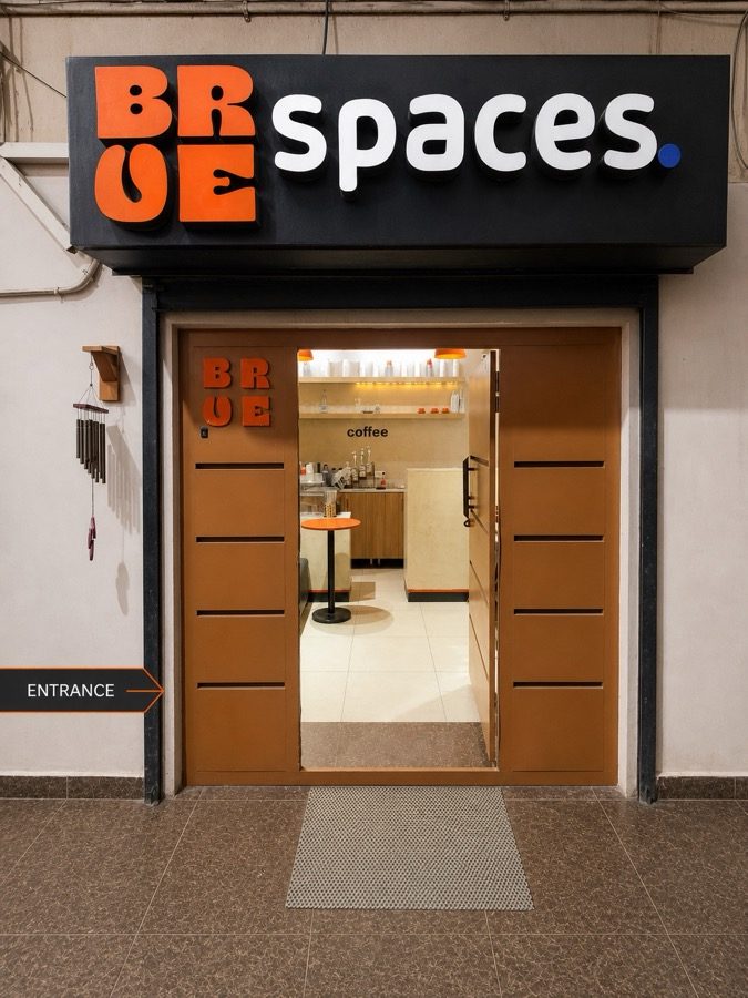 The Brue and Spaces entrance door on the mezzanine floor